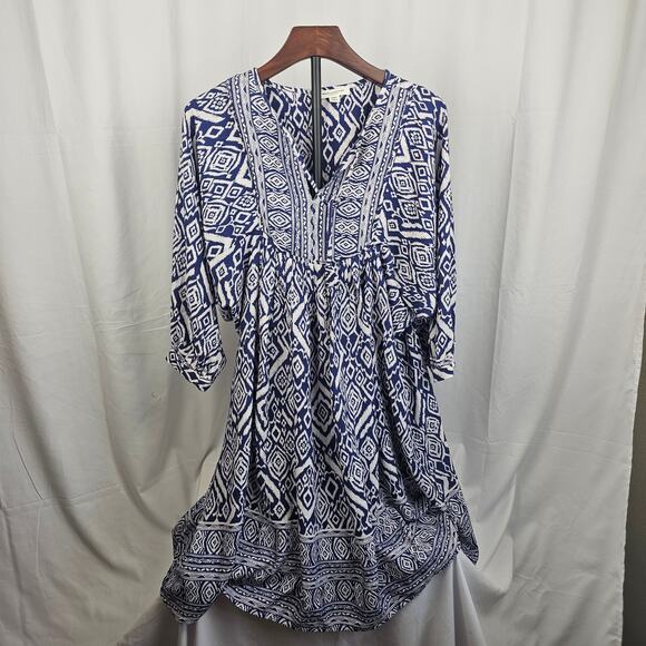 Beachlunchlounge Viscose Ikat Tunic Dress Navy White M Made in India Boho NWOT - Picture 1 of 4